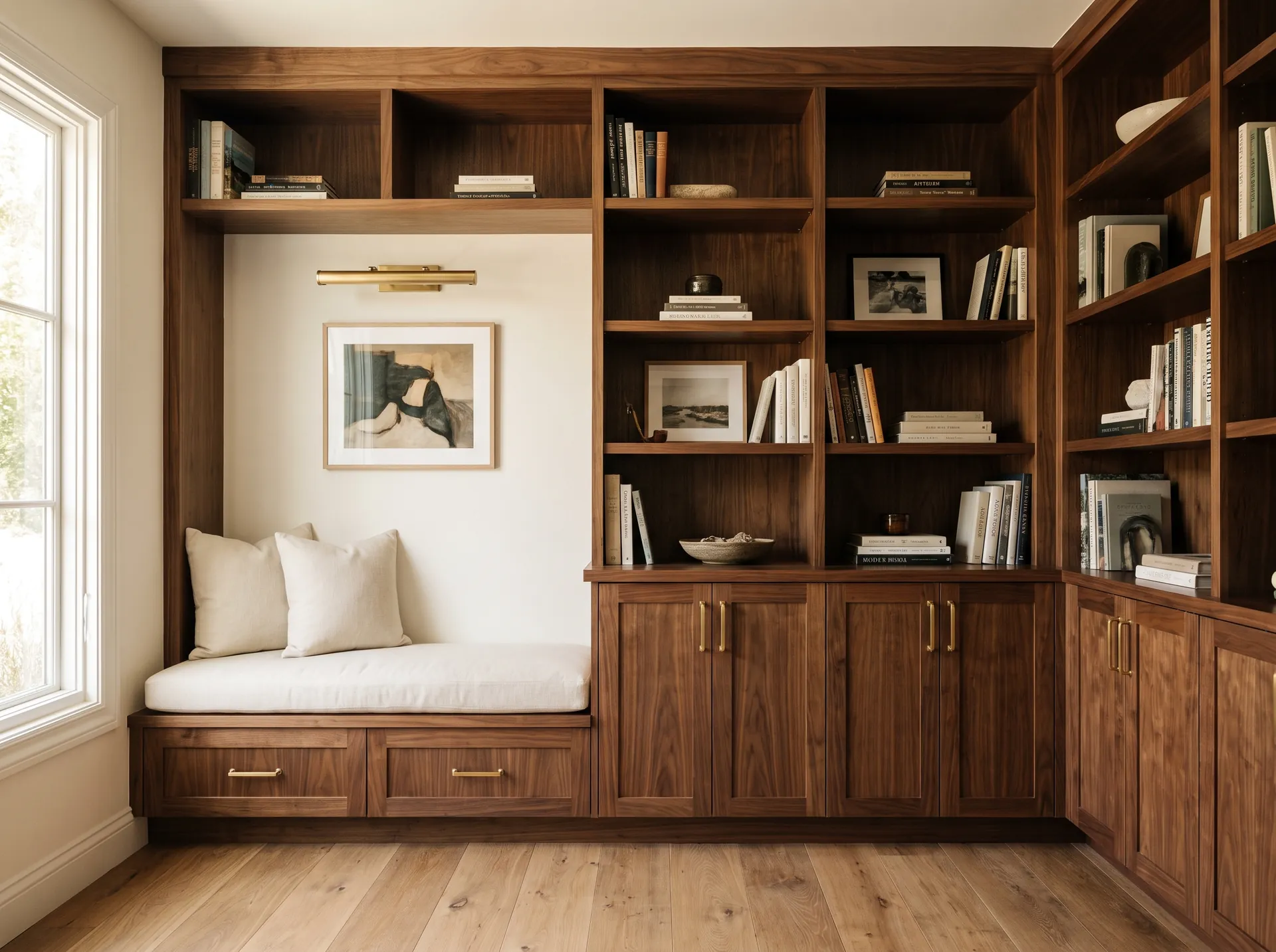 Custom walnut built-in shelving installed in a Southern California home.