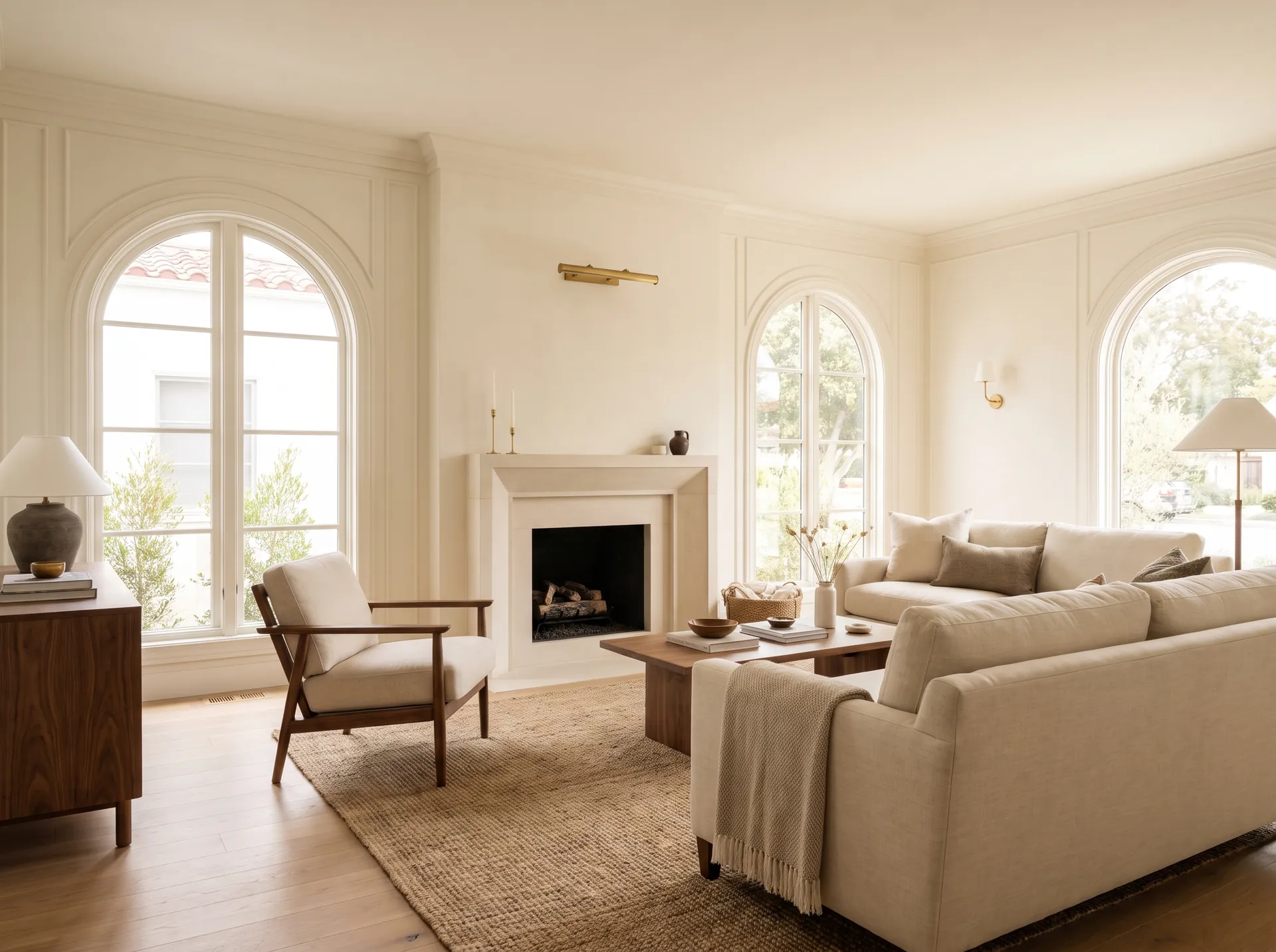 Living room after renovation with new plaster walls, arched windows, and updated lighting.