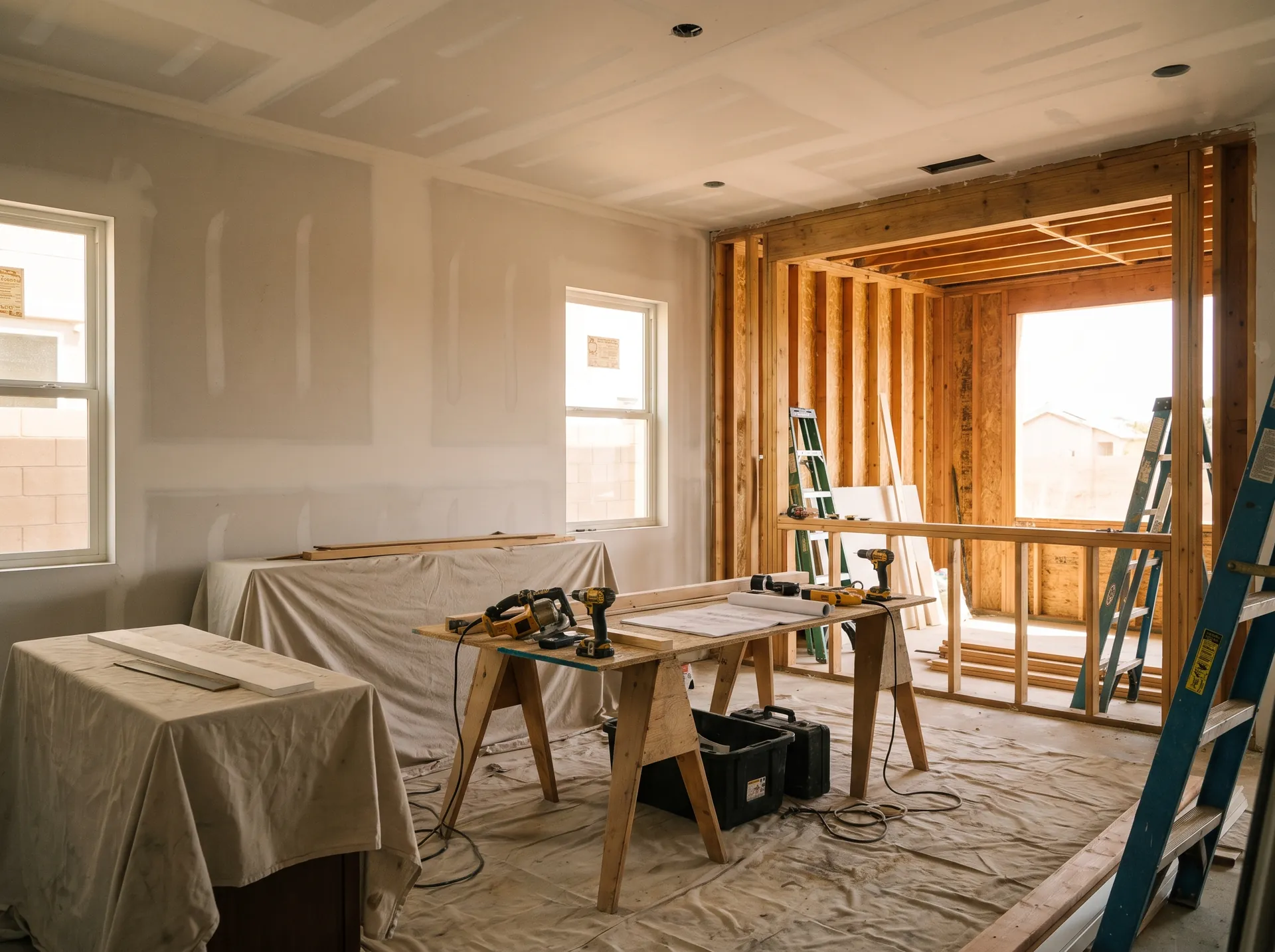 Room renovation in progress showing clean drywall and surface transitions.